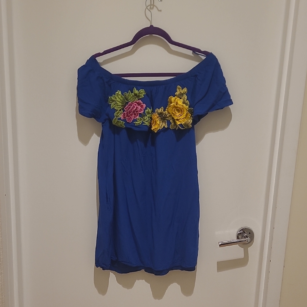 Blue Floral Off-Shoulder Midi Dress With Pockets